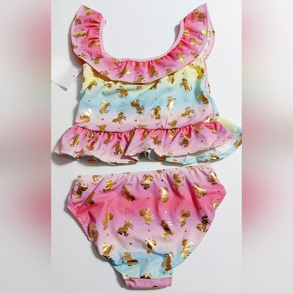 Ruffled Rainbow Colored Unicorn Young Hearts 2 Piece Swimsuit Girls Size 12 - Picture 5 of 6
